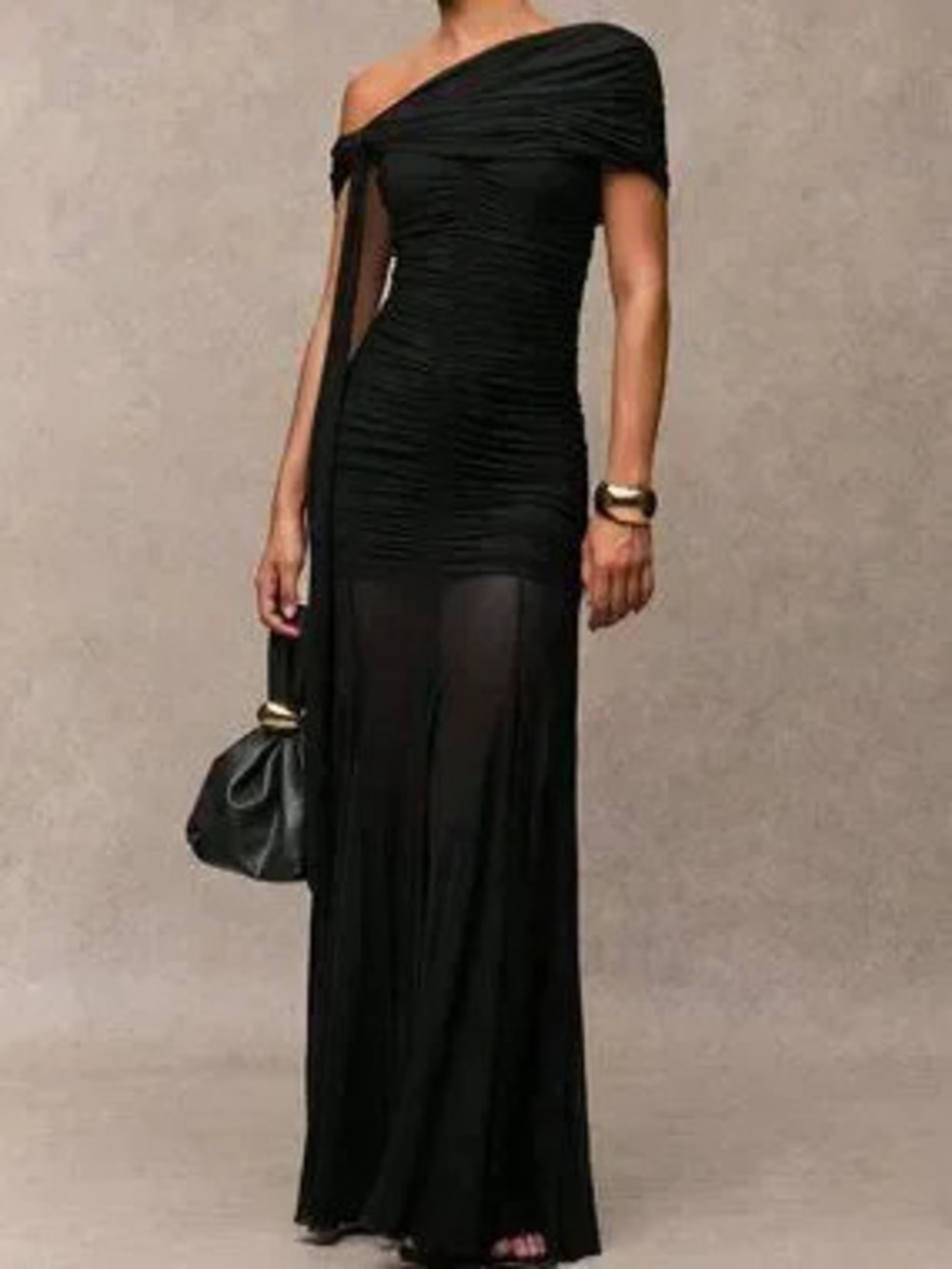 Black Elegant Women's Asymmetrical Neck Twist Ruched Fitted Mesh Patchwork Dress